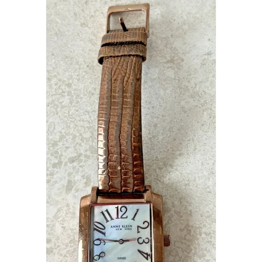 Vintage Anne Klein Square Watch Swiss Movement MOP Dial Copper Leather Band Runs